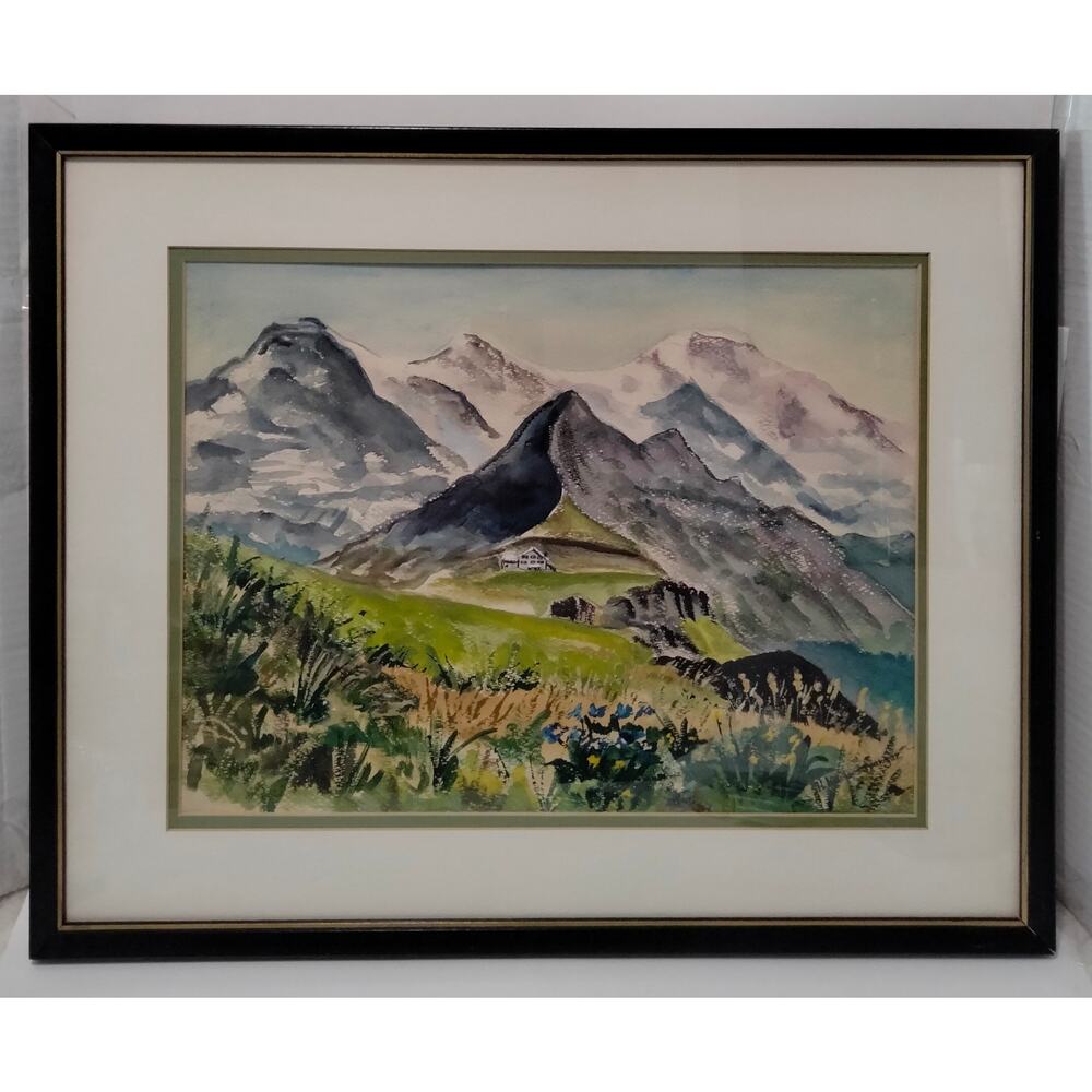 Harriet B. Kochensparger Original Watercolor Cottage Snow Mountain Framed 12x16
